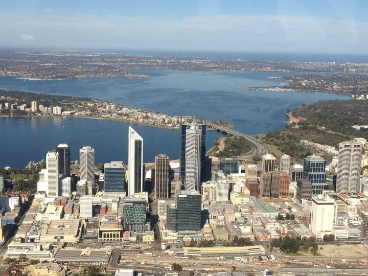 Perth's city skyline and the Swan River seen from VH-EZT