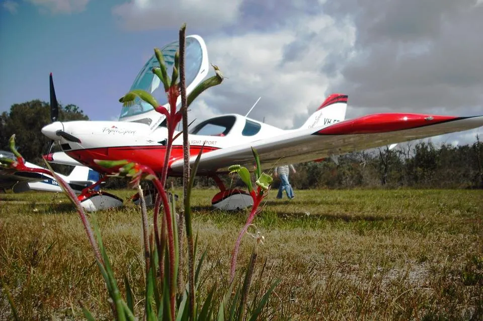 VH-EZT at Serpentine Airfield with kangaroo paws in the foreground