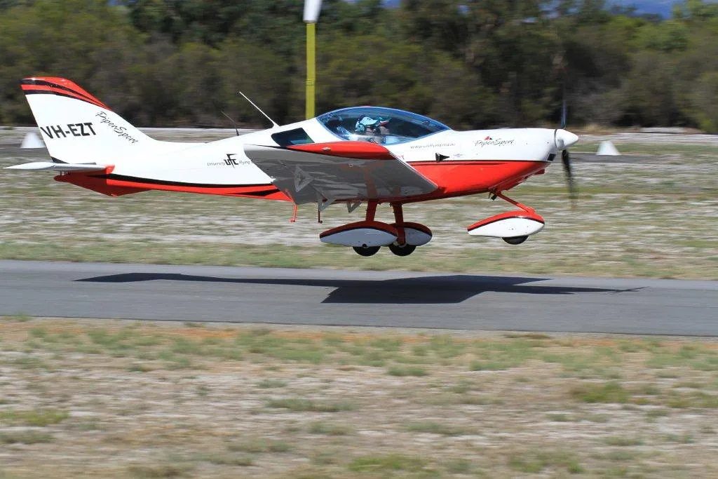 VH-EZT just above the runway at Bunbury Airport