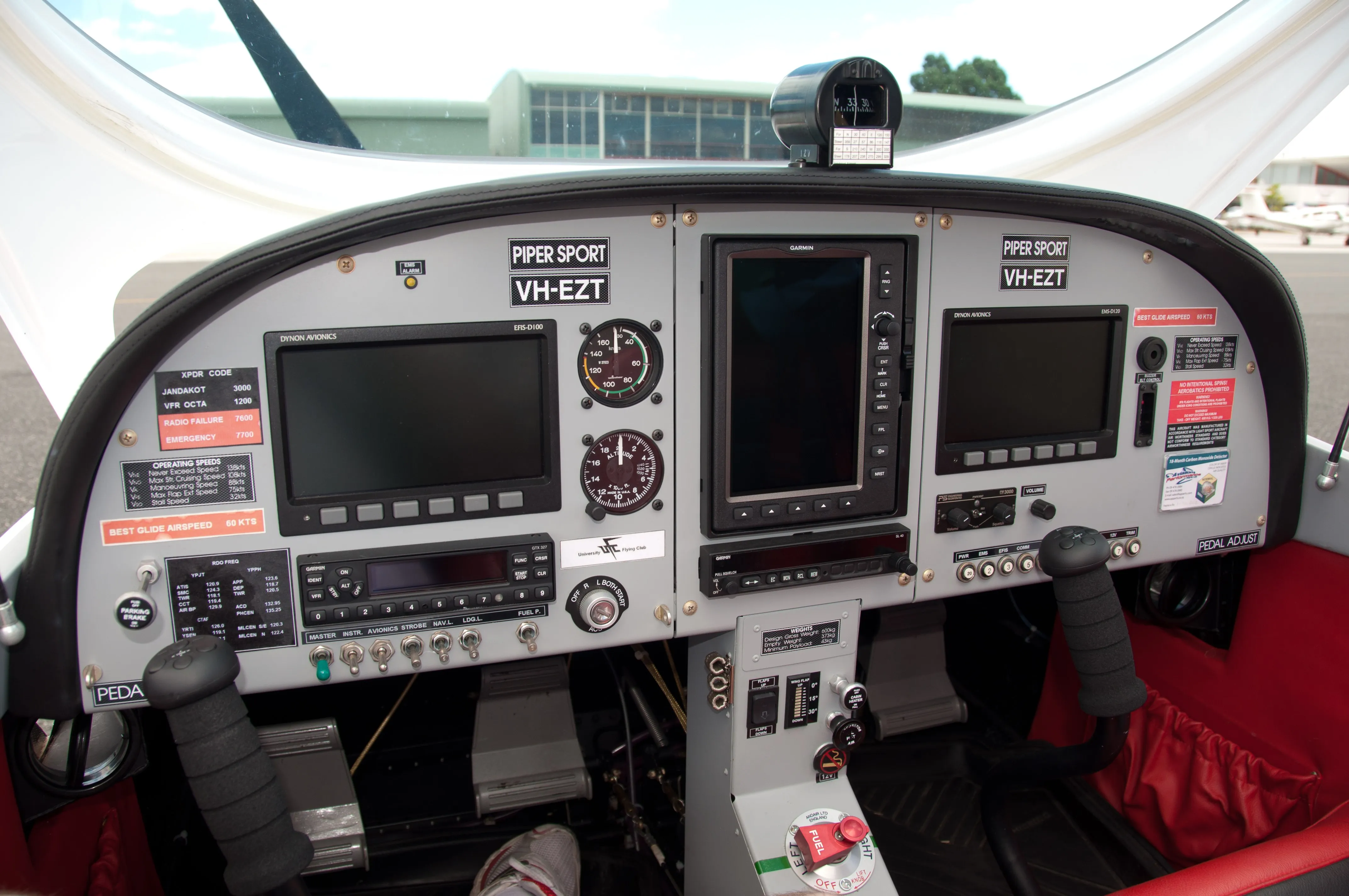 VH-EZT's instrument panel with its Dynon displays and Garmin GPS