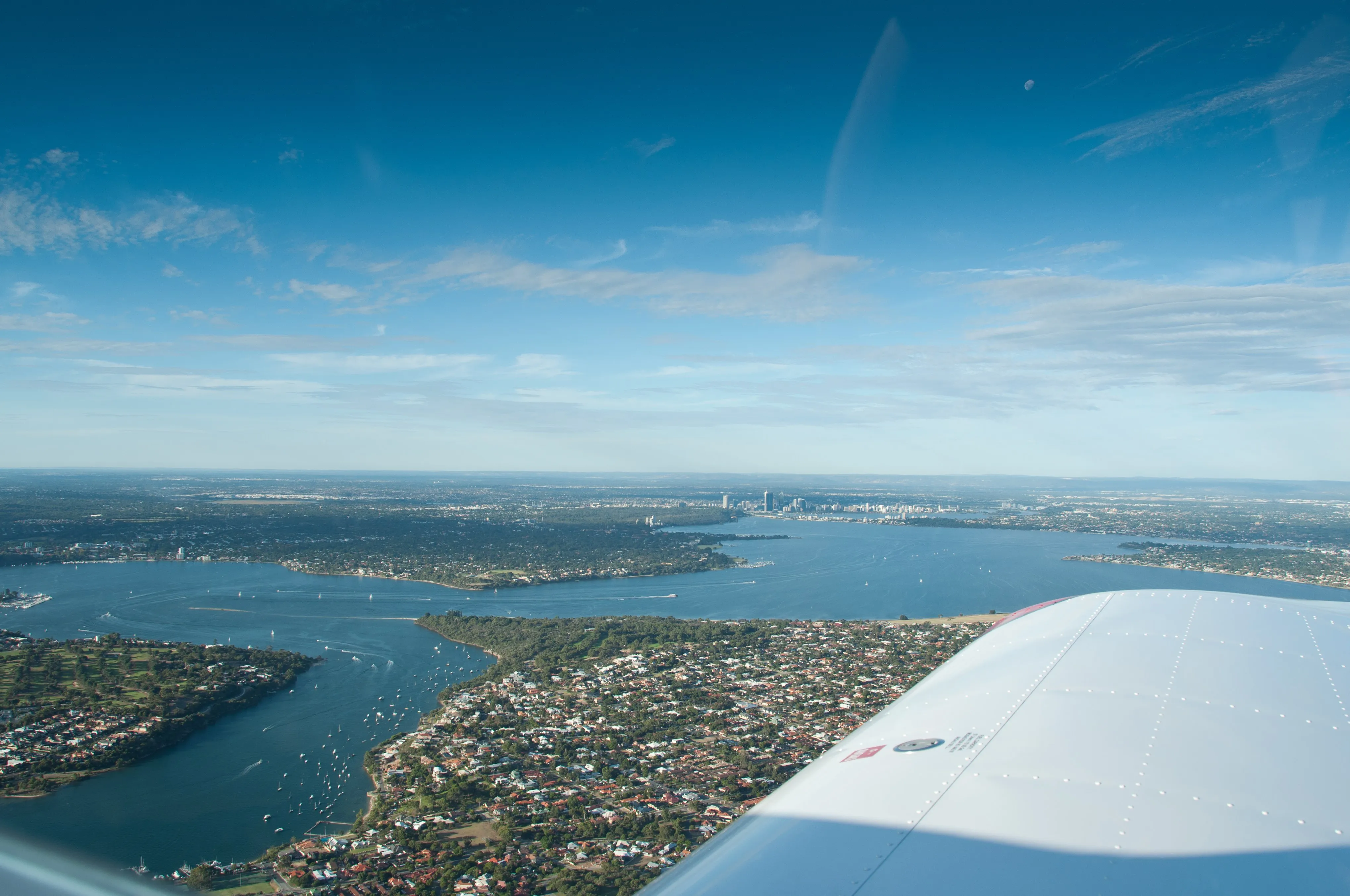 The Swan River and Perth city skyline seen from VH-EZT