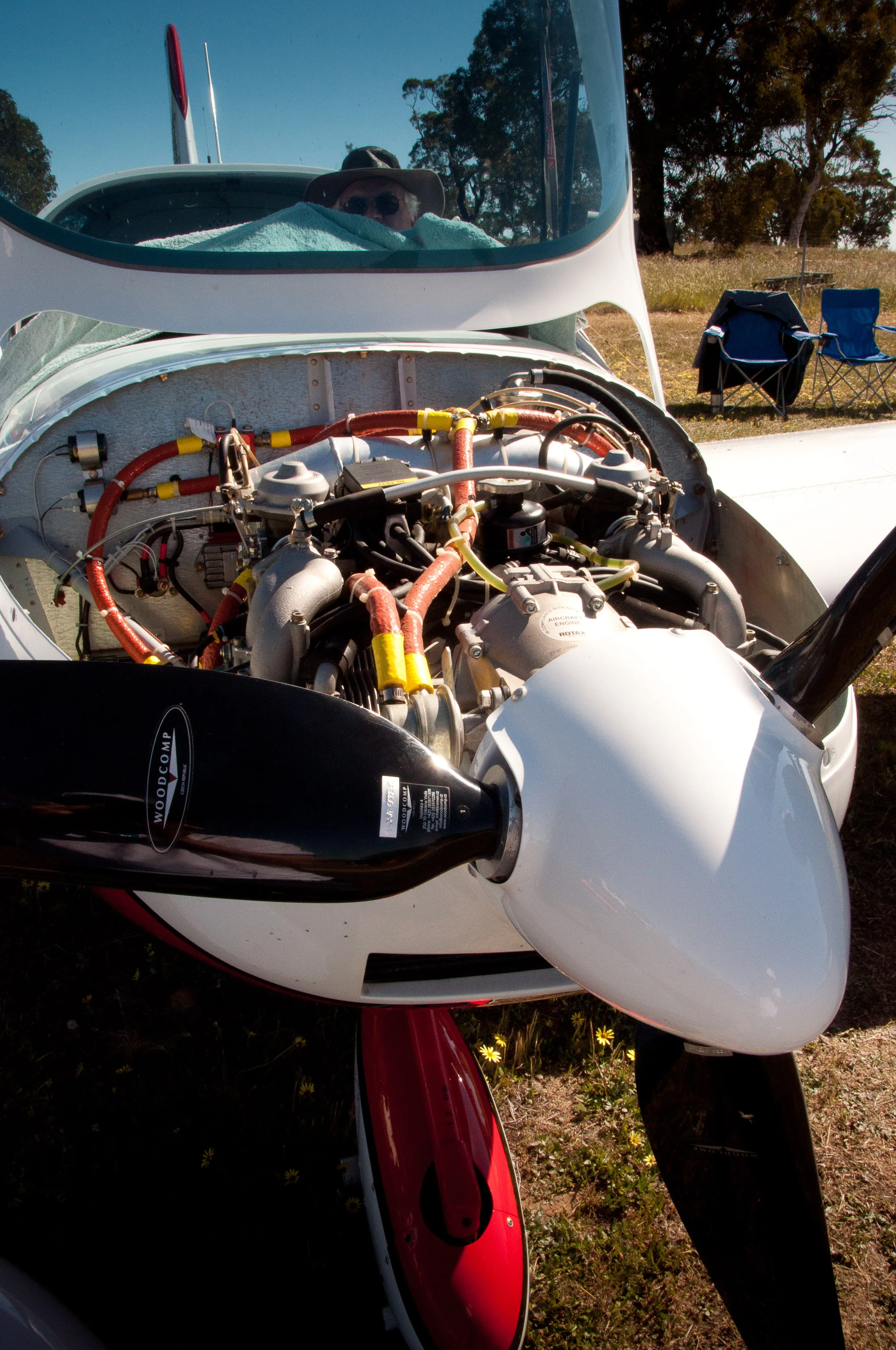 VH-EZT's Rotax engine and propeller with the cowling removed at WestFly 2012