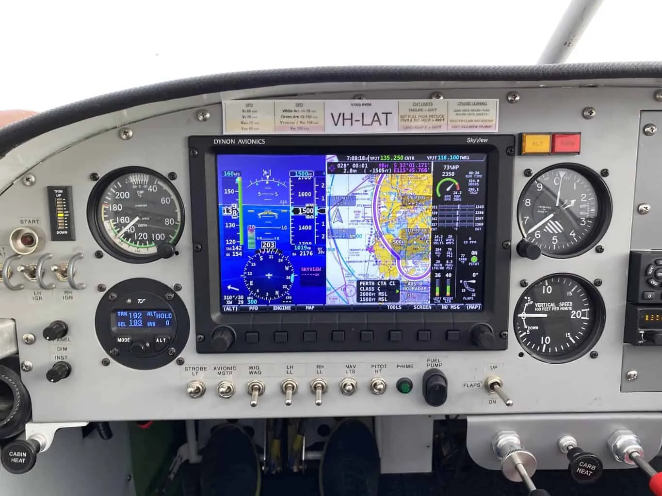 VH-LAT's glass cockpit panel with large-screen Dynon SkyView